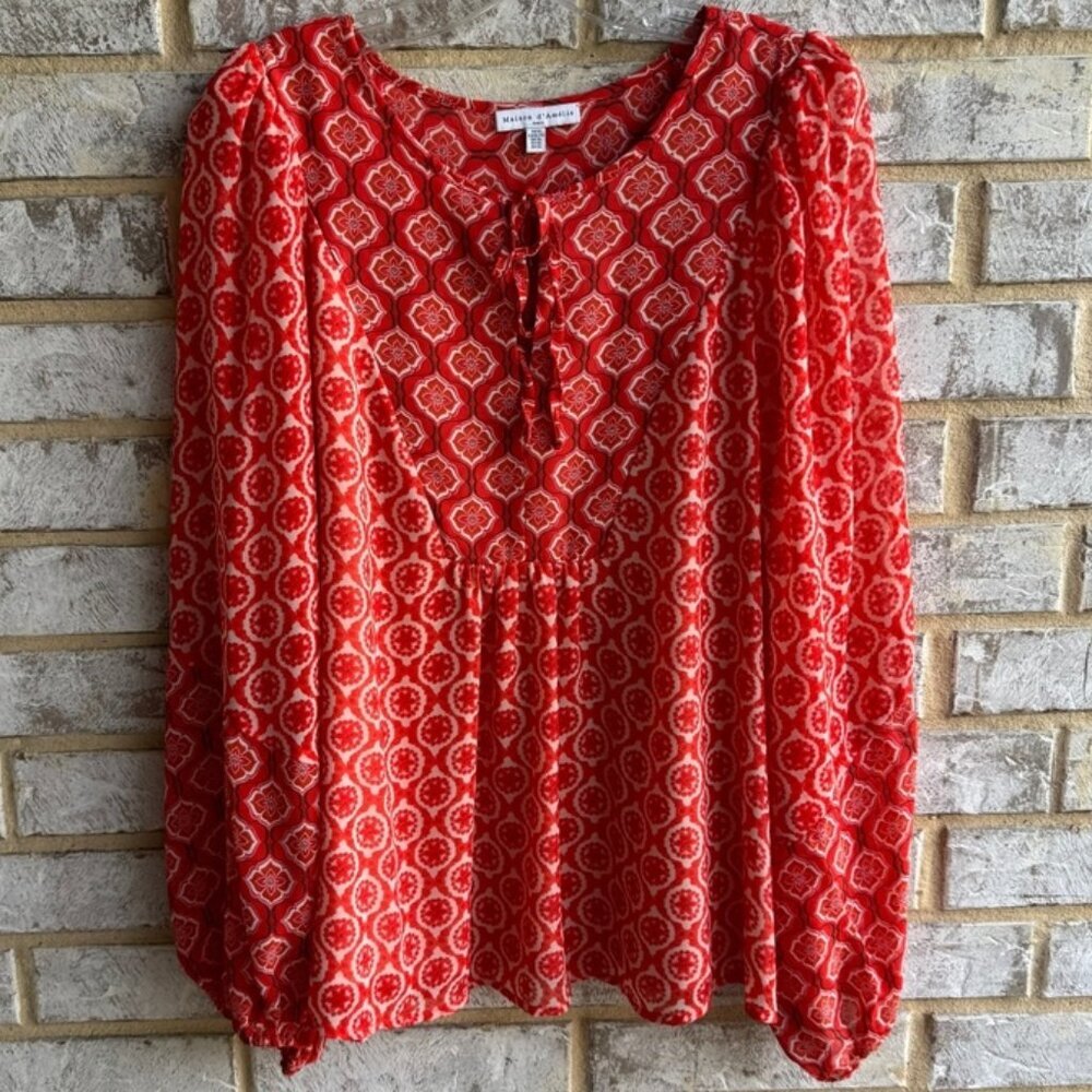 Maison d' Amelie Long Sleeve Tie Front V Neck Blouse Women's Size XL